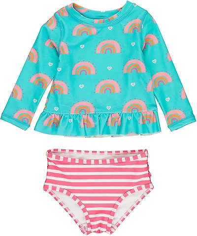 RuffleButts Girls' Catching Rainbows Long Sleeve Rash Guard Set