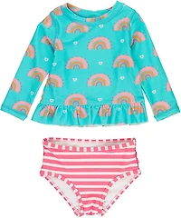 RuffleButts Girls' Catching Rainbows Long Sleeve Rash Guard Set