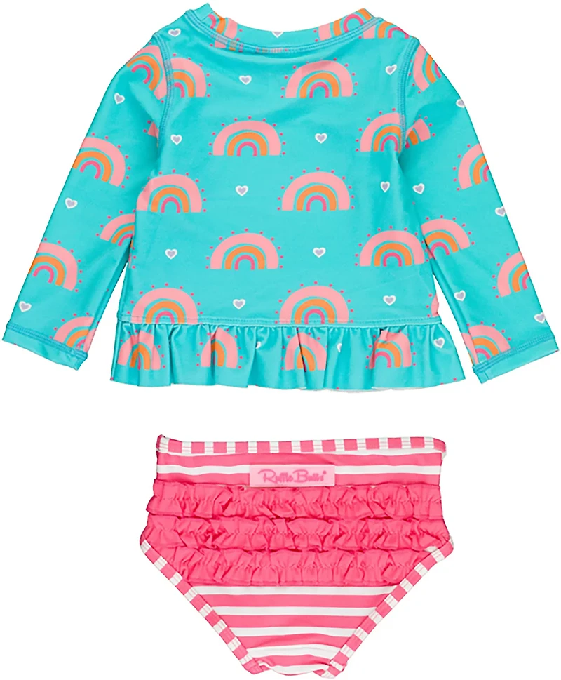 RuffleButts Girls' Catching Rainbows Long Sleeve Rash Guard Set