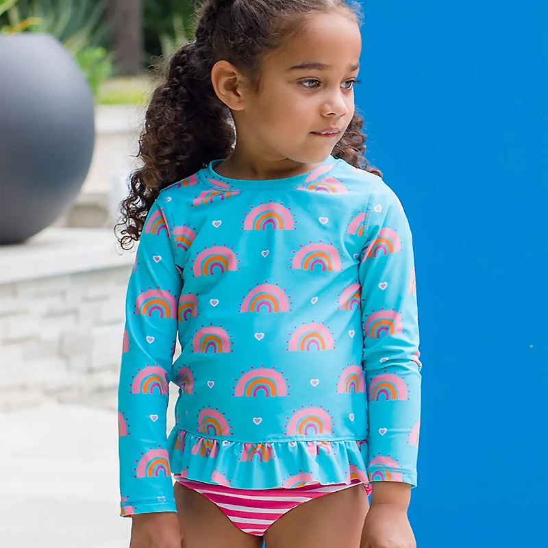 RuffleButts Girls' Catching Rainbows Long Sleeve Rash Guard Set