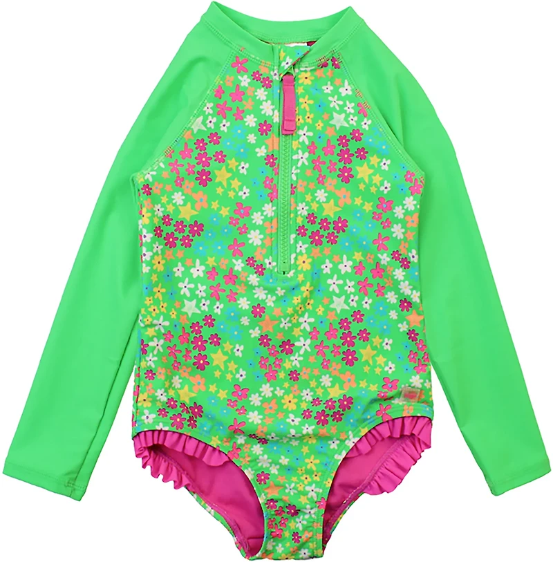 RuffleButts Girls' 4-7 Neon Floral Long Sleeve Rash Guard