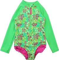 RuffleButts Girls' 4-7 Neon Floral Long Sleeve Rash Guard