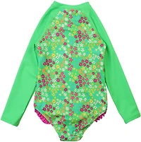 RuffleButts Girls' 4-7 Neon Floral Long Sleeve Rash Guard