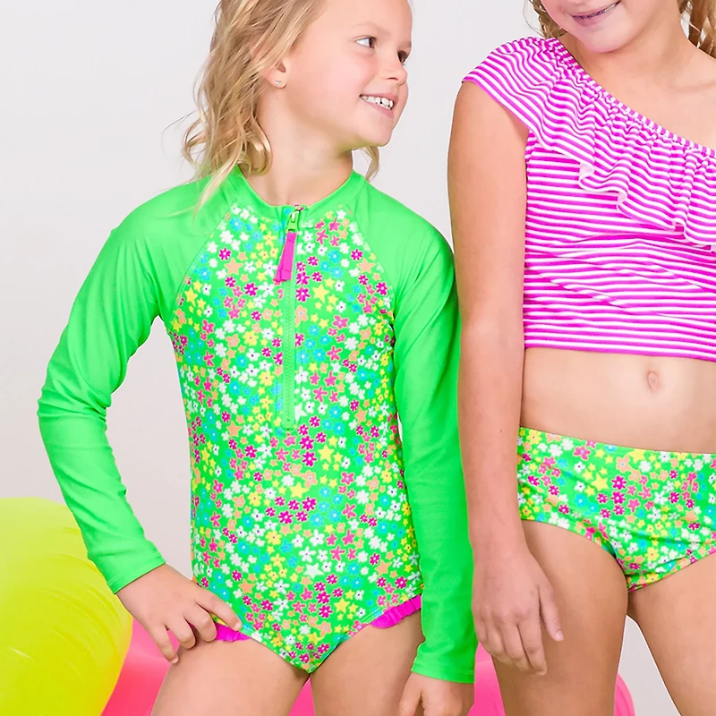 RuffleButts Girls' 4-7 Neon Floral Long Sleeve Rash Guard