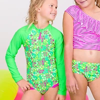RuffleButts Girls' 4-7 Neon Floral Long Sleeve Rash Guard