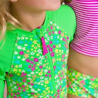 RuffleButts Girls' 4-7 Neon Floral Long Sleeve Rash Guard