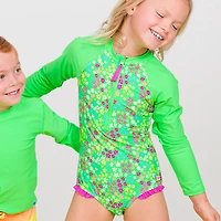 RuffleButts Girls' 4-7 Neon Floral Long Sleeve Rash Guard