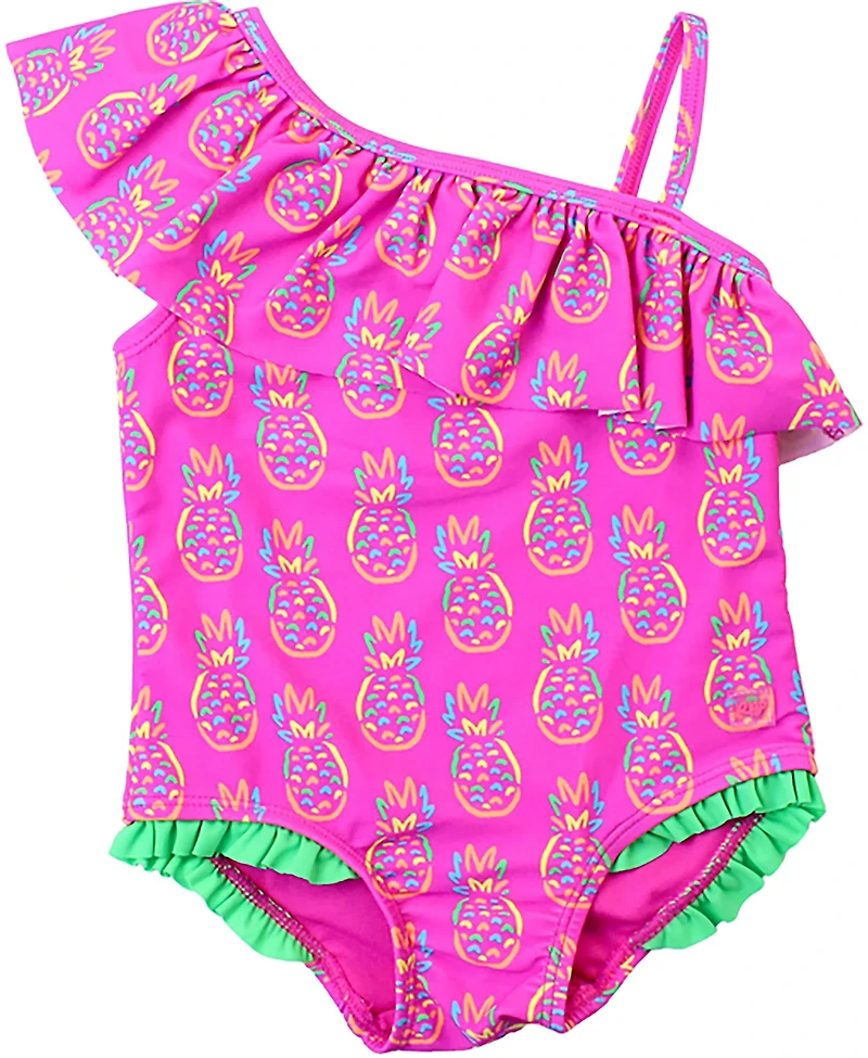 RuffleButts Girls' 4-7 Neon Violet Pineapples One Shoulder Ruffle Swimsuit