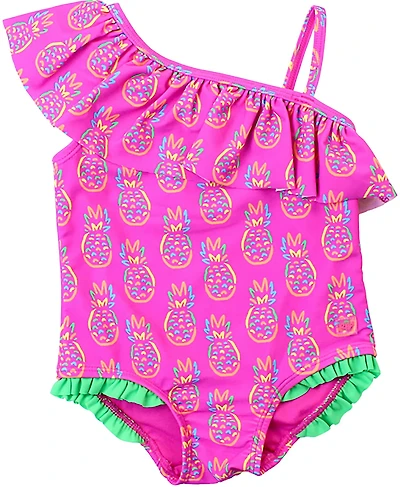 RuffleButts Girls' 4-7 Neon Violet Pineapples One Shoulder Ruffle Swimsuit