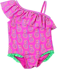 RuffleButts Girls' 4-7 Neon Violet Pineapples One Shoulder Ruffle Swimsuit