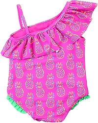 RuffleButts Girls' 4-7 Neon Violet Pineapples One Shoulder Ruffle Swimsuit