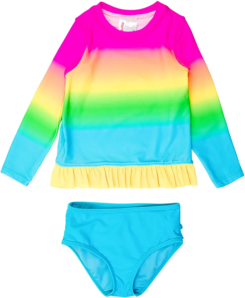 RuffleButts Girls' 4-7 Neon Sunset Long Sleeve Bikini Rash Guard