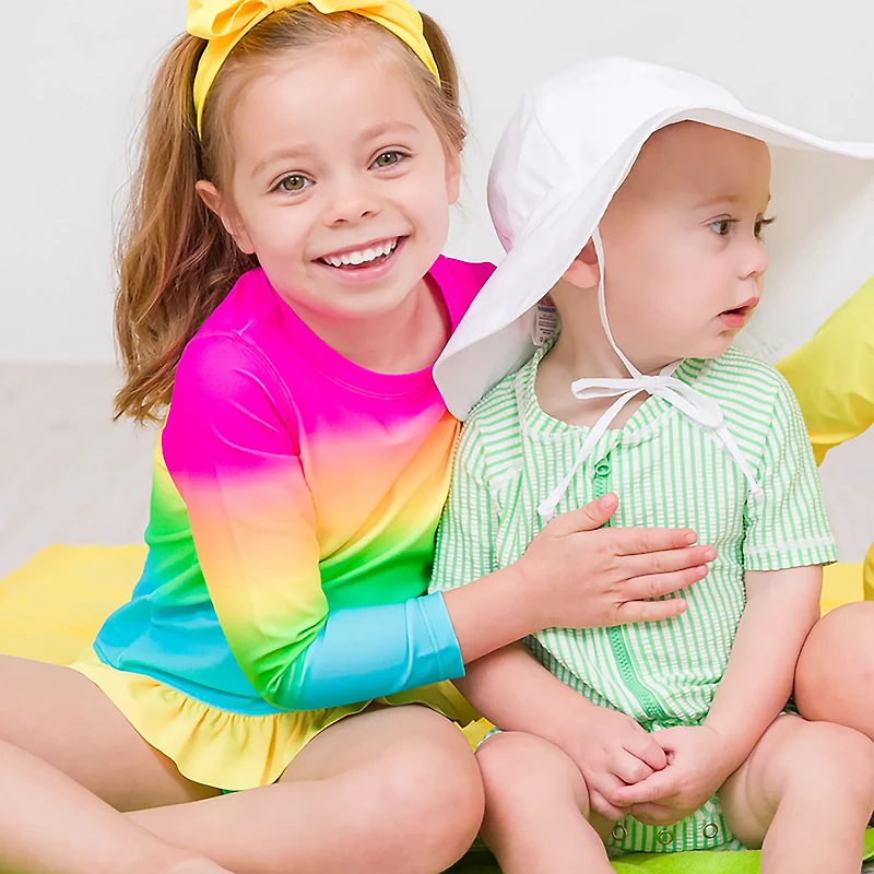 RuffleButts Girls' 4-7 Neon Sunset Long Sleeve Bikini Rash Guard