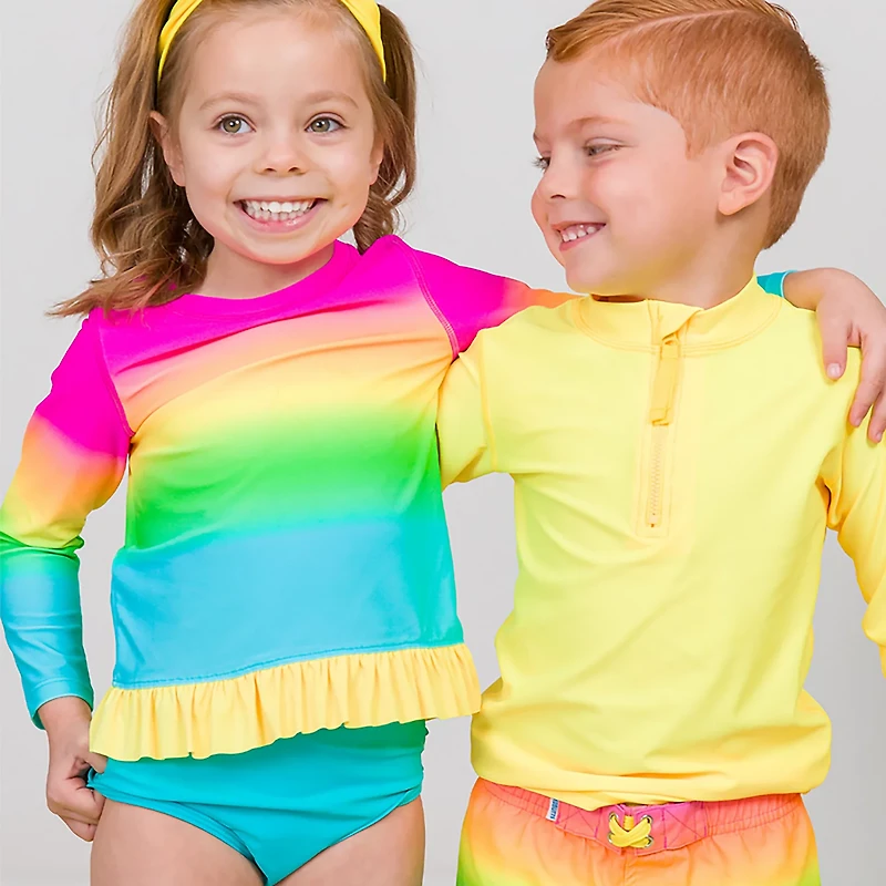 RuffleButts Girls' 4-7 Neon Sunset Long Sleeve Bikini Rash Guard
