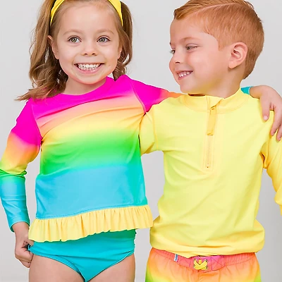 RuffleButts Girls' 4-7 Neon Sunset Long Sleeve Bikini Rash Guard