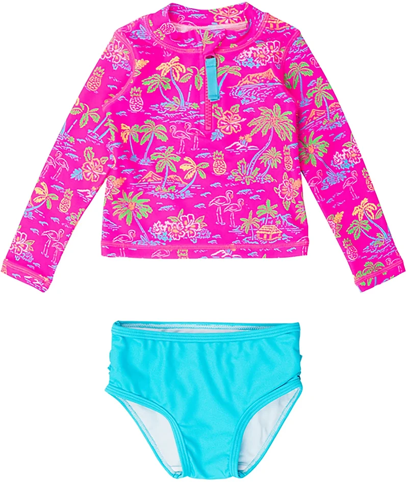 RuffleButts Girls' 4-7 Neon Island Time Long Sleeve 2-Piece Rash Guard