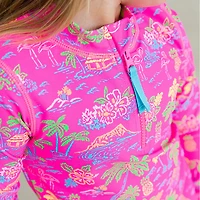 RuffleButts Girls' 4-7 Neon Island Time Long Sleeve 2-Piece Rash Guard