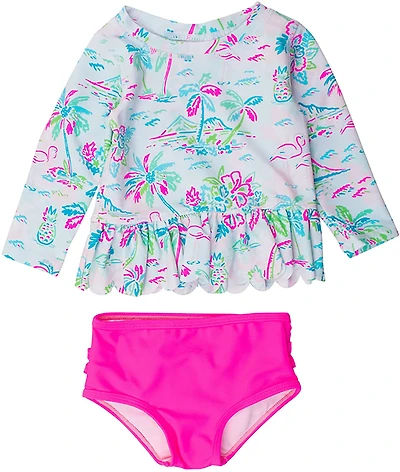 RuffleButts Girls' 4-7 Tropical Resort Scallop Hem Long Sleeve Bikini Rash Guard
