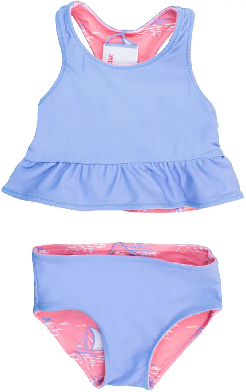 RuffleButts Girls' 4-7 Pink Seas the Day Reversible Peplum Tankini