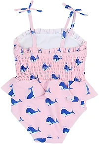RuffleButts Girls' 4-7 Pink Whale Friends Peplum Smocked Swimsuit