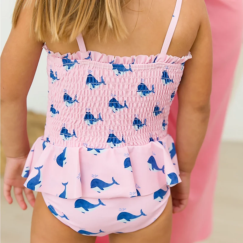 RuffleButts Girls' 4-7 Pink Whale Friends Peplum Smocked Swimsuit
