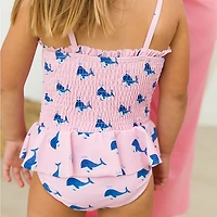 RuffleButts Girls' 4-7 Pink Whale Friends Peplum Smocked Swimsuit