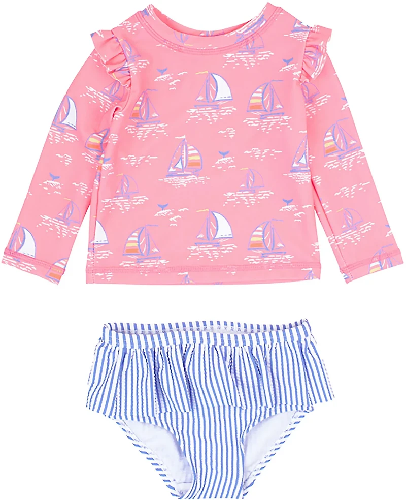 RuffleButts Girls' 4-7 Pink Seas the Day Skirted Flutter Long Sleeve Bikini Rash Guard
