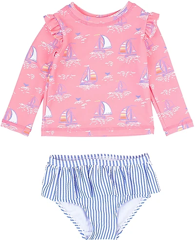 RuffleButts Girls' 4-7 Pink Seas the Day Skirted Flutter Long Sleeve Bikini Rash Guard