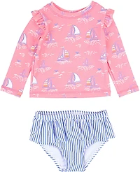 RuffleButts Girls' 4-7 Pink Seas the Day Skirted Flutter Long Sleeve Bikini Rash Guard