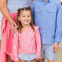 RuffleButts Girls' 4-7 Pink Seas the Day Skirted Flutter Long Sleeve Bikini Rash Guard