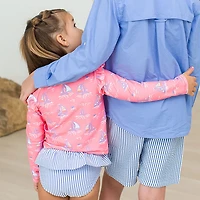 RuffleButts Girls' 4-7 Pink Seas the Day Skirted Flutter Long Sleeve Bikini Rash Guard