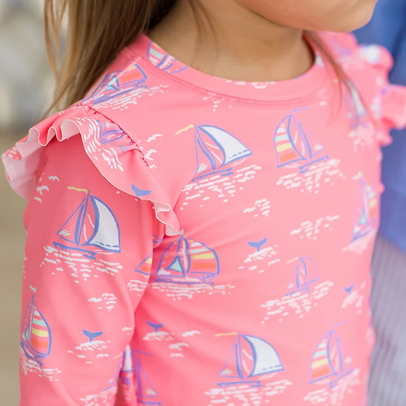 RuffleButts Girls' 4-7 Pink Seas the Day Skirted Flutter Long Sleeve Bikini Rash Guard