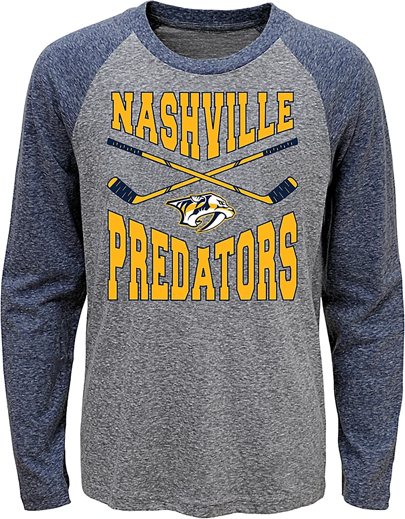 Outerstuff Boys' Nashville Predators Cross Stick Tri-Blend Raglan Long Sleeve Graphic T-shirt