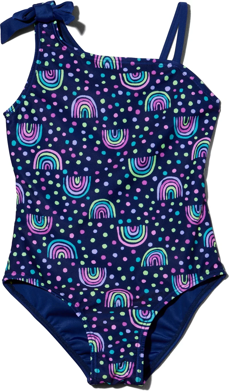 O'Rageous Girls' 4-7 Rainbow Dots 1-Piece One Shoulder Swimsuit