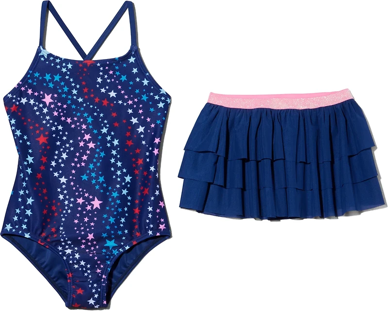 O'Rageous Girls' 4-6X Star Swirl Cross Back 1-Piece Swimsuit with Ruffle Tiered Skirt