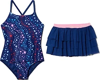 O'Rageous Girls' 4-6X Star Swirl Cross Back 1-Piece Swimsuit with Ruffle Tiered Skirt