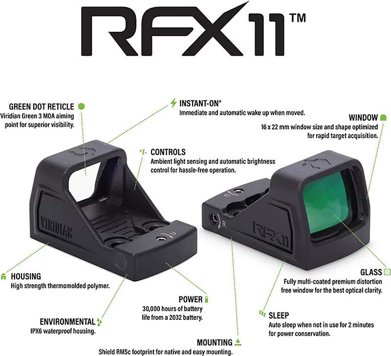 Viridian RFX11 1 x 16 mm Micro Green Dot Reflex Sight with SHIELD RMSc Footprint