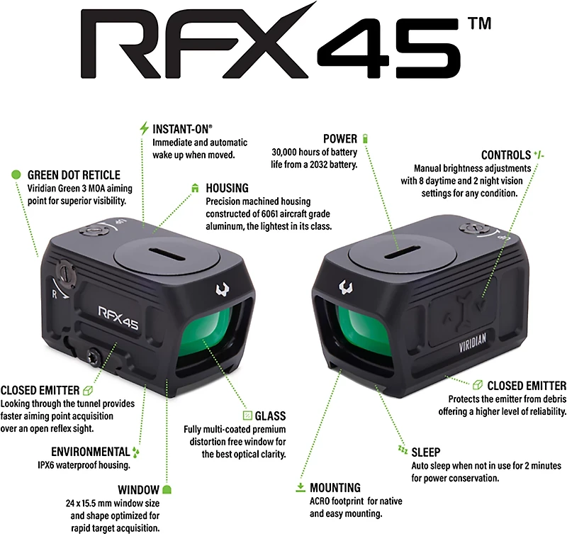Viridian RFX44 Compact Closed Emitter Green Dot Sight with RMR Adapter