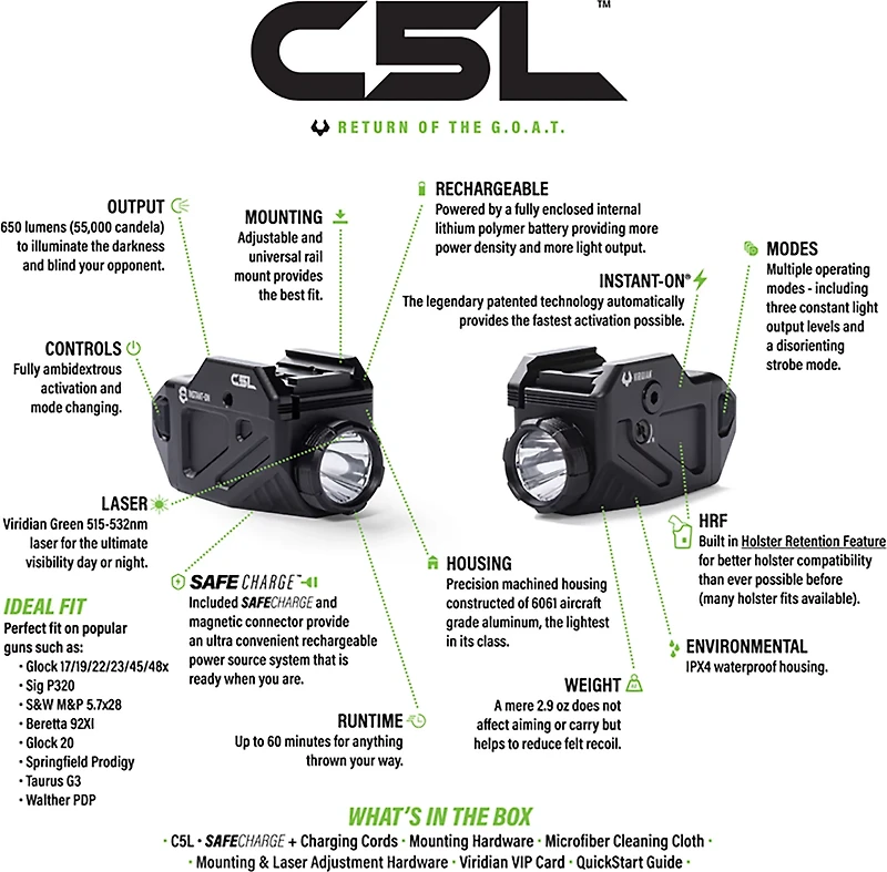 Viridian C5L Universal Green Laser and 650 lm Light with Rechargeable Battery, INSTANT-ON, and SafeCharge Power Bank