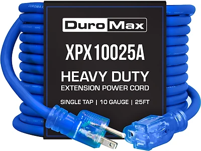 DuroMax XPX10025A Heavy Duty SJEOOW 25 Foot 10 Gauge Blue Single Tap Extension Power Cord