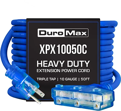DuroMax XPX10050C Heavy Duty SJEOOW 50 Foot 10 Gauge Blue Triple Tap Extension Power Cord
