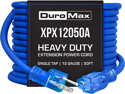 DuroMax XPX12050A Heavy Duty SJEOOW 50 Foot 12 Gauge Blue Single Tap Extension Power Cord