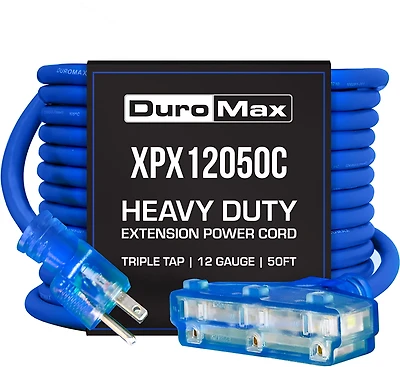 DuroMax XPX12050C Heavy Duty SJEOOW 50 Foot 12 Gauge Blue Triple Tap Extension Power Cord