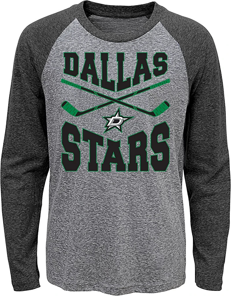 Outerstuff Boys' Dallas Stars Cross Stick Tri-Blend Raglan Long Sleeve Graphic T-shirt