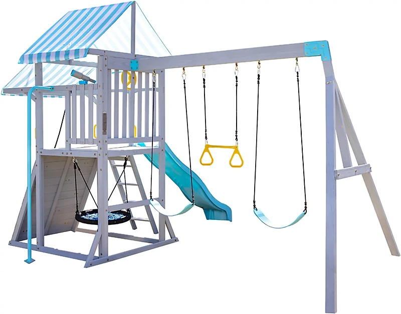 Teamson Kids' Laguna Swing Playset with Platform and Rock Wall
