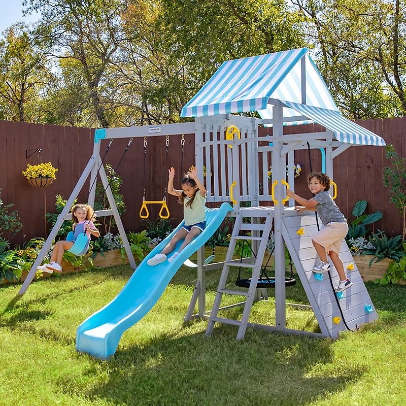 Teamson Kids' Laguna Swing Playset with Platform and Rock Wall