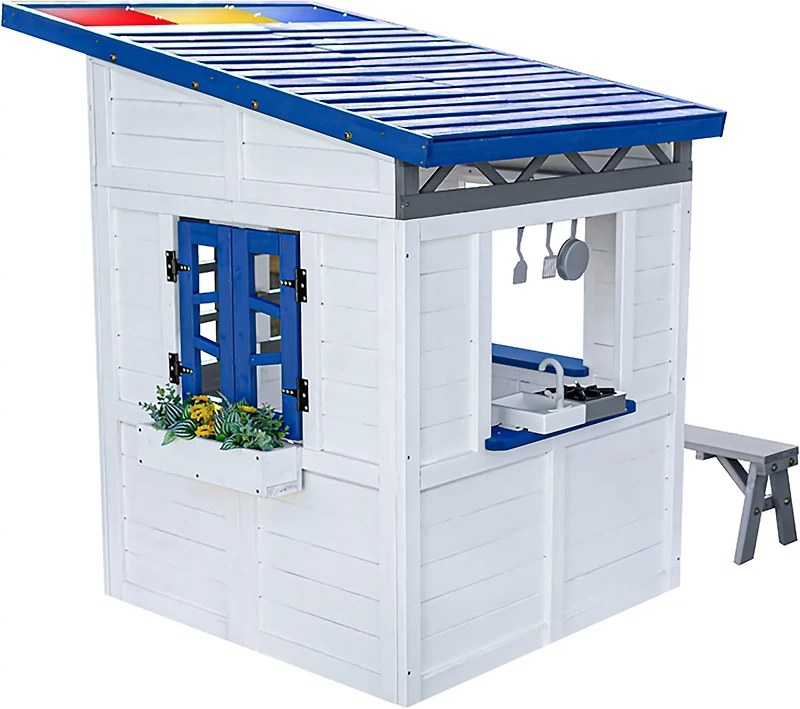 Teamson Kids' Rainbow Shade Wooden Playhouse with Kitchen and Bench
