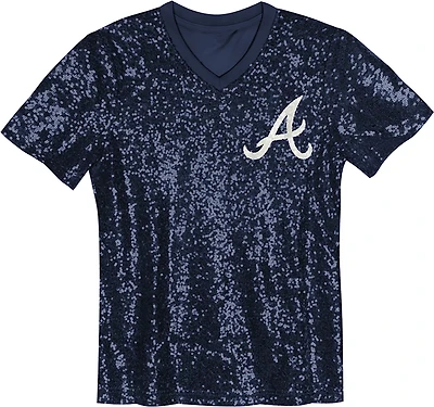 Outerstuff Girls' Atlanta Braves Wordmark Sequin Short Sleeve T-shirt
