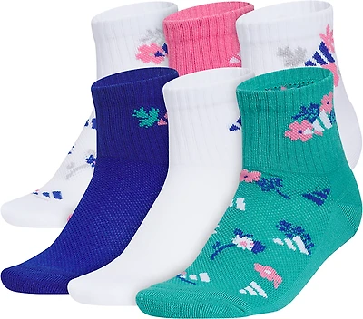 adidas Youth Girls' Cushioned Floral Graphic Quarter Socks 6 Pack