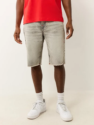 True Religion Men's Ricky Straight Single Needle Frayed Flap Denim Shorts 12 in